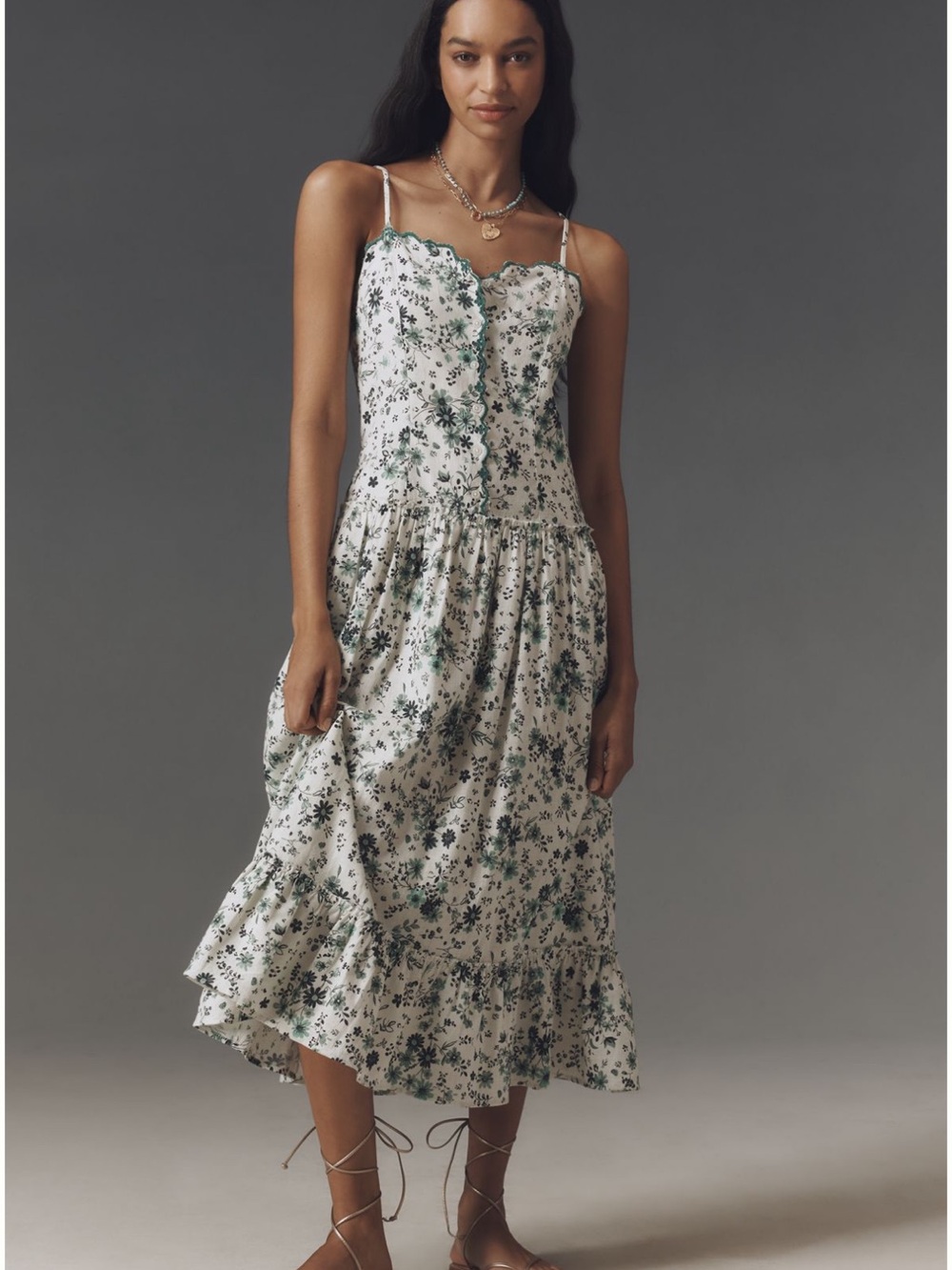 Anthropologie White Floral Midi Dress with Green Trim